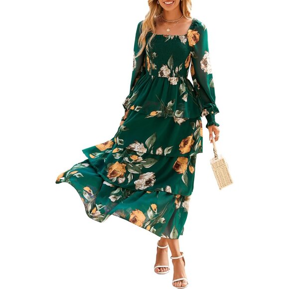 Dresses & Skirts - Women's Floral Long Sleeve Maxi Dress Smocked Tiered Square Neck Fall Boho